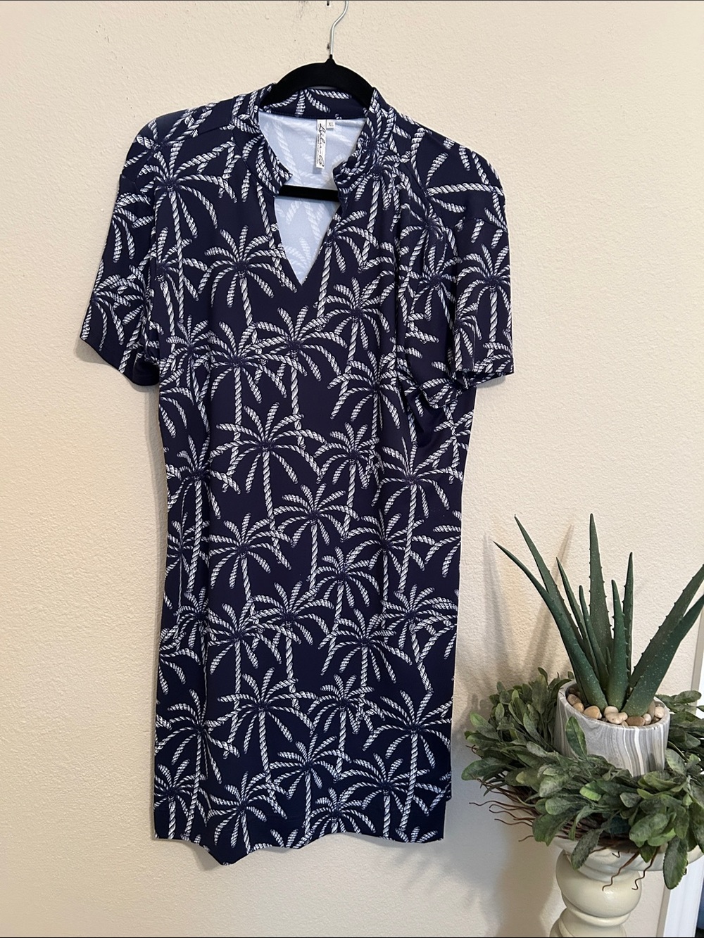Lulu-B Navy and White Palm Tree Print  Short Sleeve Dress